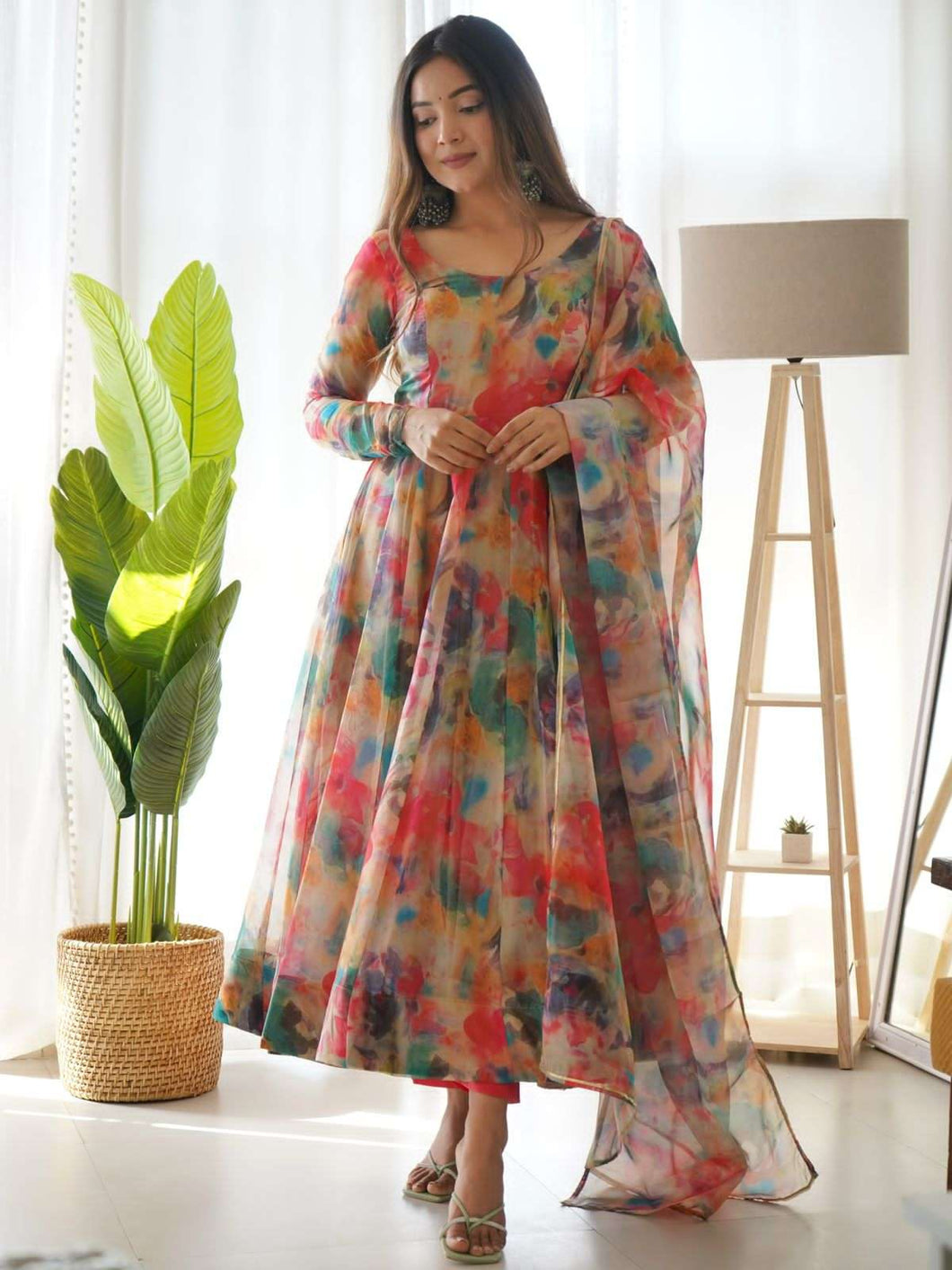 Party Wear Organza Printed Readymade Frock For Girls