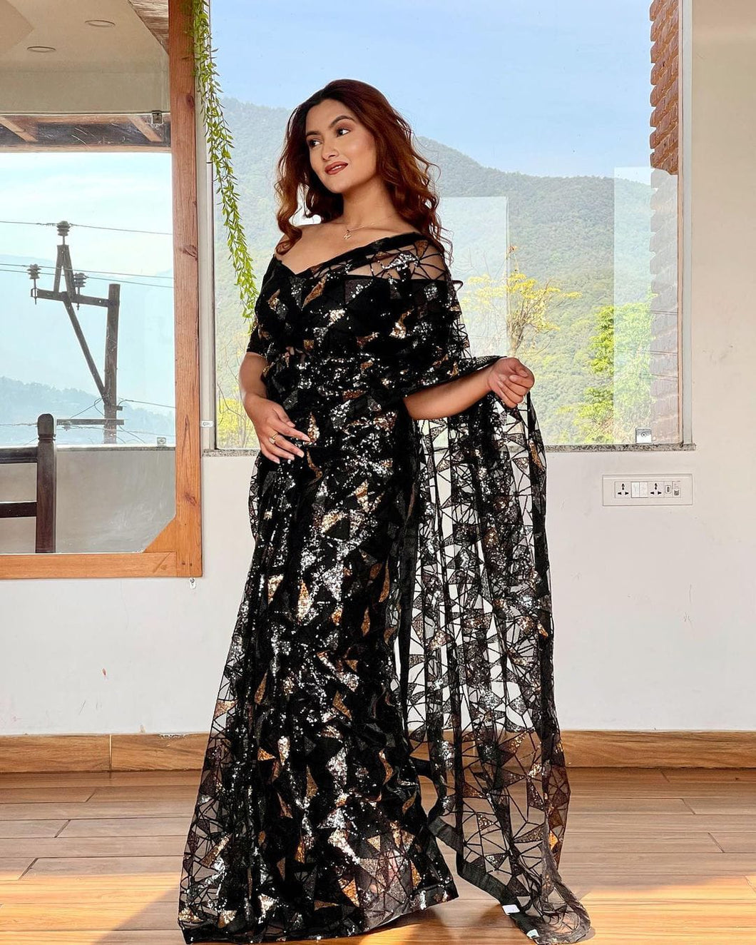 Party Wear Black Color Net Sequence Embroidered Saree