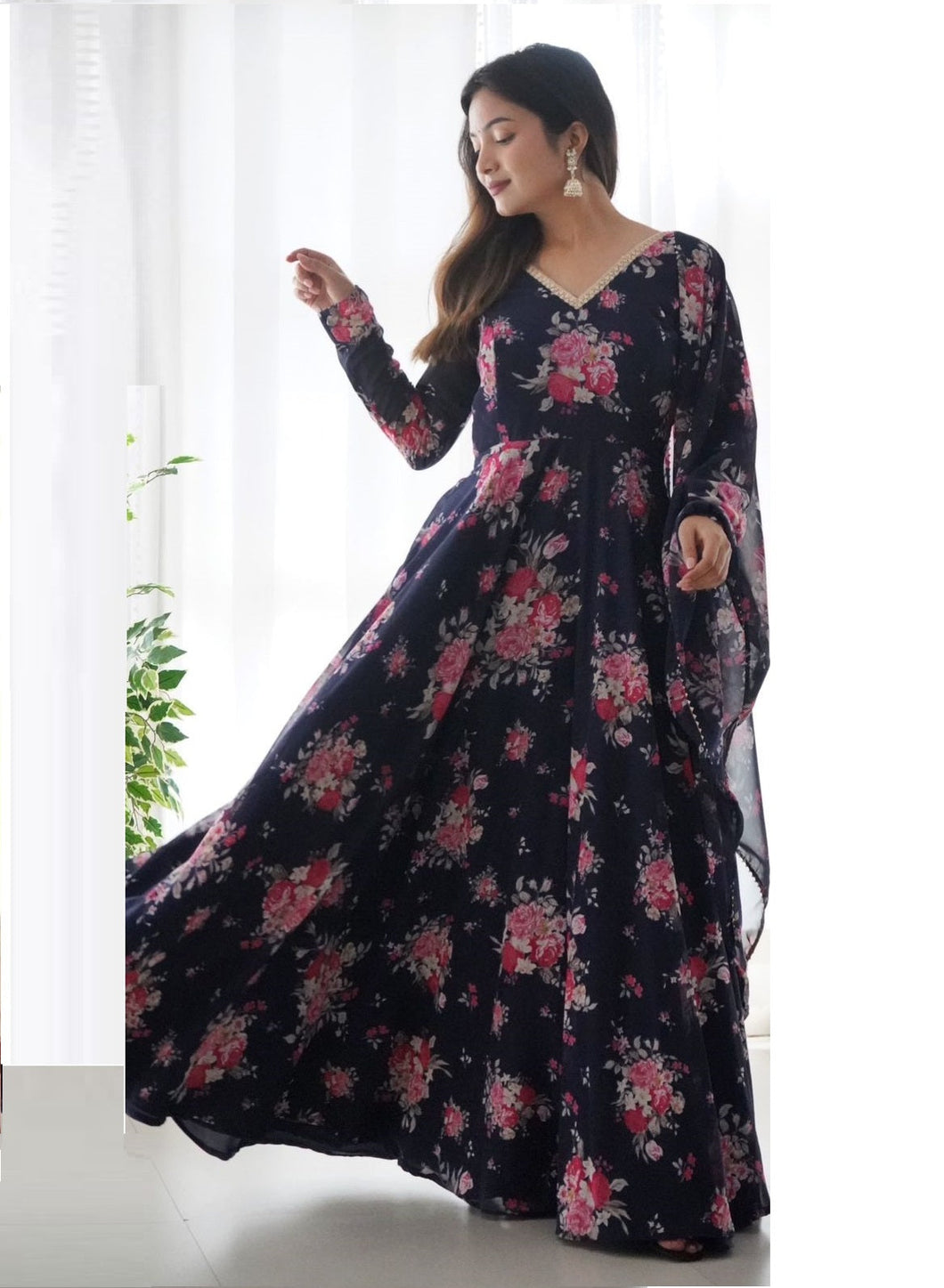 Lovely Navy Blue Ready To Wear Printed Anarkali Gown Set