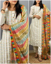 Load image into Gallery viewer, Cotton Silk Embroidered Readymade Kurti Pant Dupatta Set For Girls
