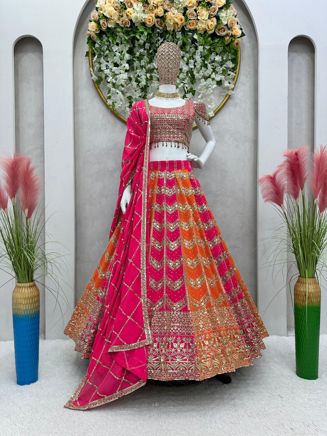 Designer Pink Orange Color Georgette Sequence Work Wedding Wear Lehenga