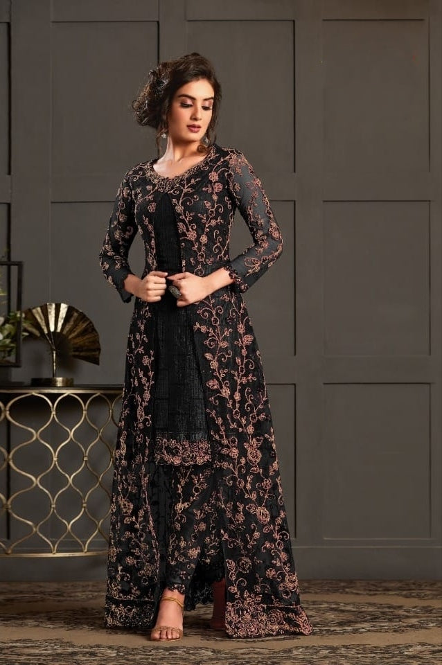Party Wear Black Color Fancy Net Butterfly Design Embroidered Glitter Sequence Codding Work Indo Western Salwar Suit