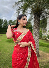 Load image into Gallery viewer, Red Color Heavy Embroidered Work Designer Saree For Wedding Wear
