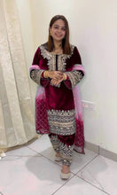 Load image into Gallery viewer, Punjabi Viscose Velvet Full Stitched Embroidered Work Designer Salwar Suit
