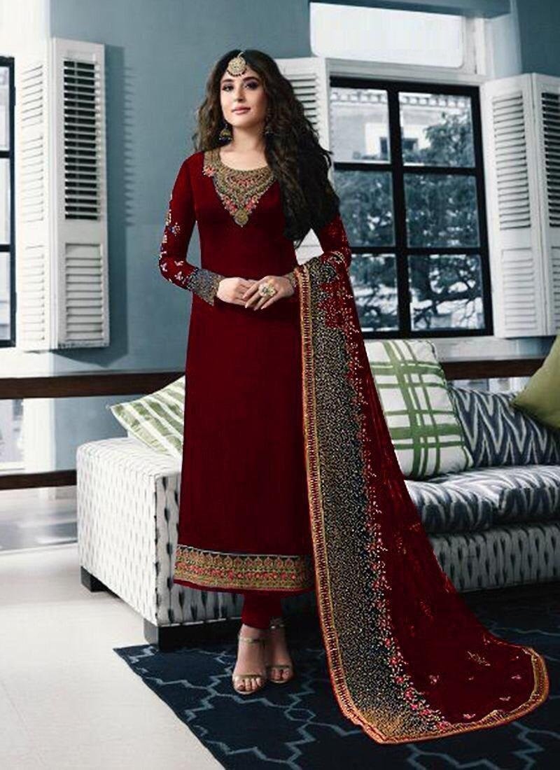 Party Wear Straight Cut Georgette Embroidered Maroon Color Salwar Suit For Women