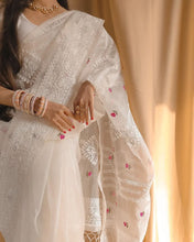 Load image into Gallery viewer, White Soft Organza Silk With Lucknowi Embroidered Work Saree With Tussels
