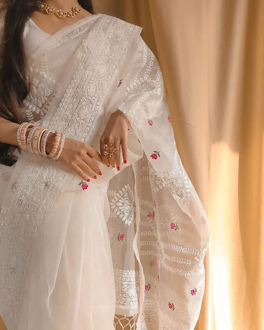 White Soft Organza Silk With Lucknowi Embroidered Work Saree With Tussels