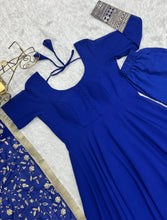 Load image into Gallery viewer, Royal Blue Color Faux Georgette Full Stitched Gown with Full Work Dupatta
