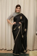 Load image into Gallery viewer, Black Satin Silk Embroidered Wedding Wear Saree
