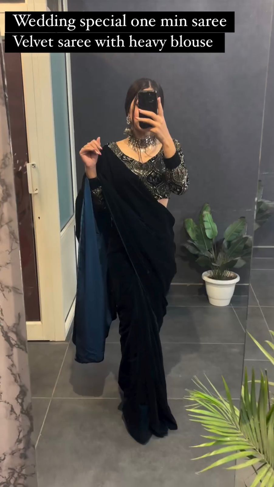 Black Velvet Saree with Embroidered Work Blouse