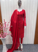 Load image into Gallery viewer, Red Color Pure Georgette Lucknowi Work Full Stitched Suit
