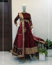 Load image into Gallery viewer, Maroon Velvet Sequence Work Full Stitched Gown with Dupatta
