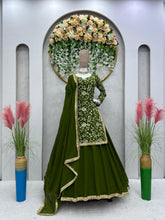 Load image into Gallery viewer, Mehndi Green Georgette Fully Stitched Lehenga Choli For Women
