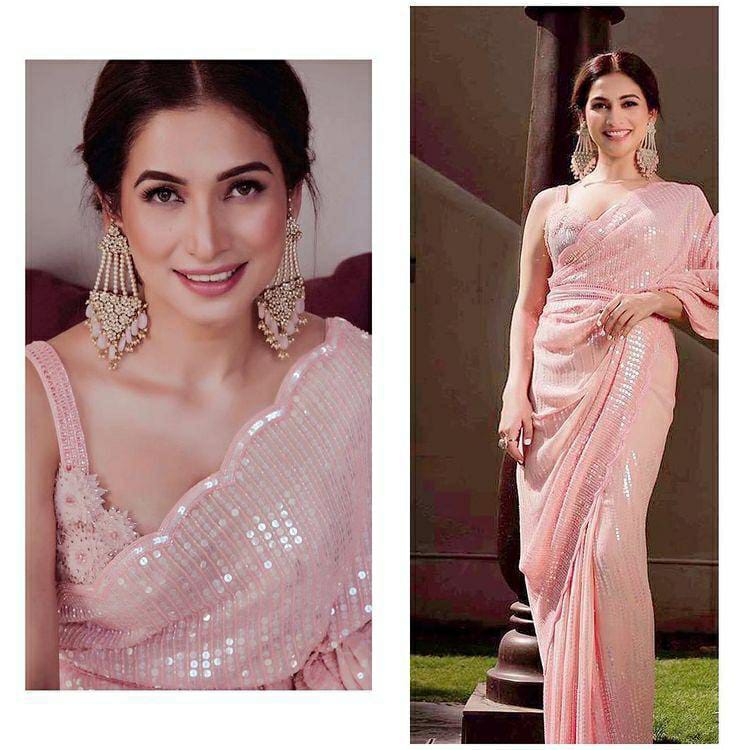 Peach Georgette Sequence Work Bollywood Style Saree