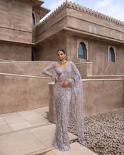 Load image into Gallery viewer, Unique Steel Grey Color Soft Net Sequence Work Designer Sari
