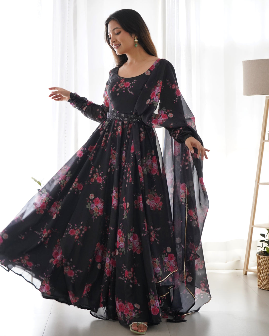 Beautiful Black Color Soft Organza Silk Printed Full Stitched Anarkali Gown Set