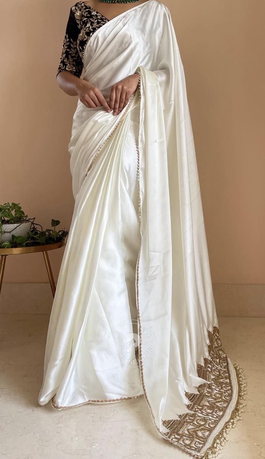 Wonderful White Color Smooth Satin Silk Handwork Designer Saree