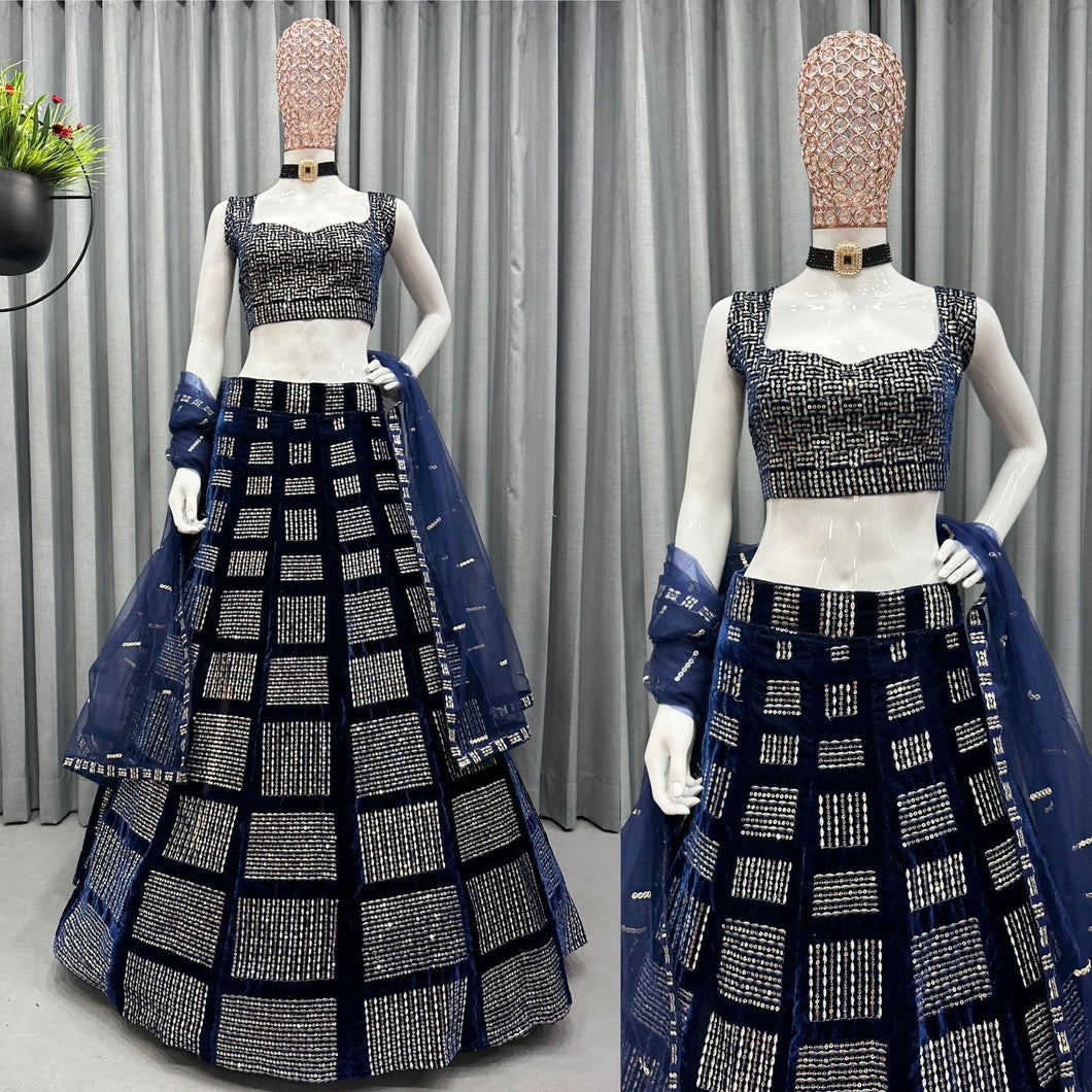 Wedding Wear Velvet Sequence & Jari Work Semi Stitch Lehenga Choli