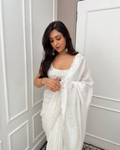 Load image into Gallery viewer, White Tuby Silk Plain Saree with Work Blouse
